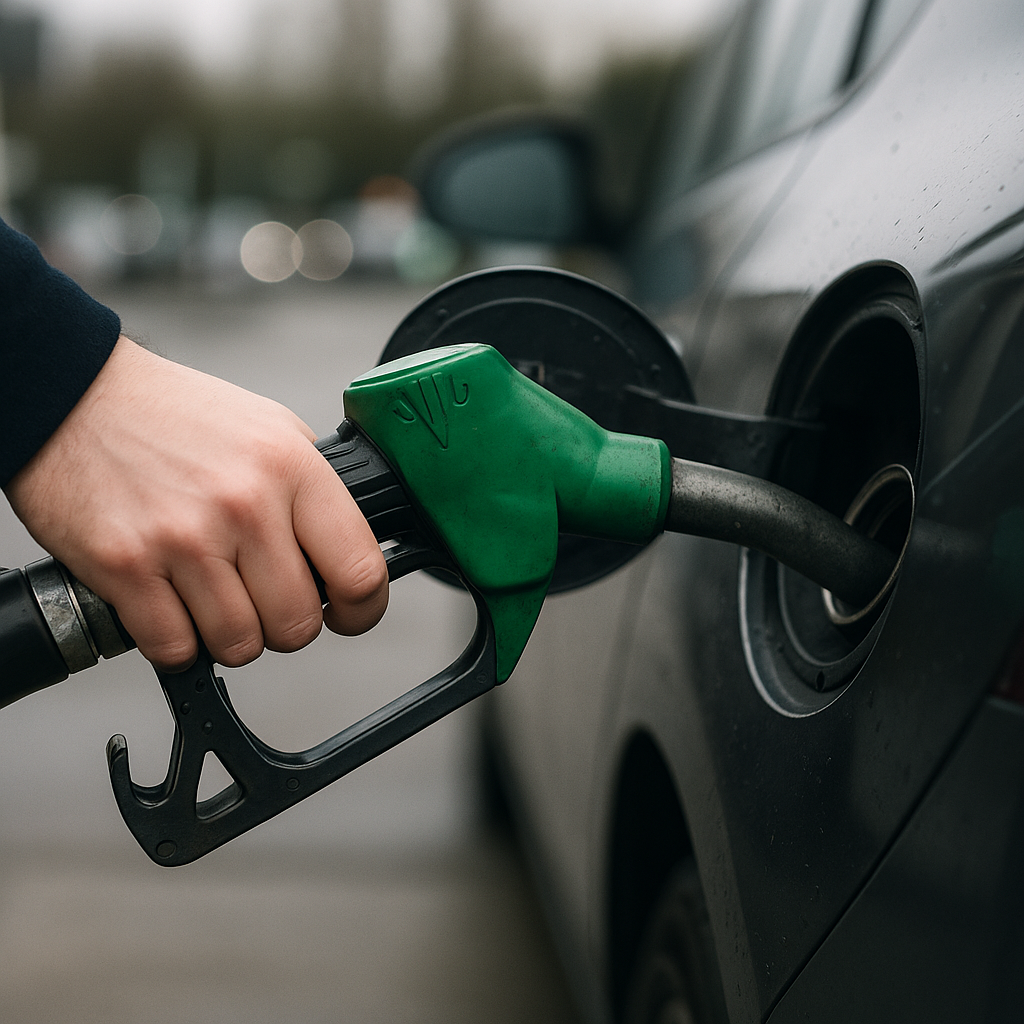 Close-up of a petrol pump nozzle at a UK forecourt illustrating the reality of UK petrol prices at the pump