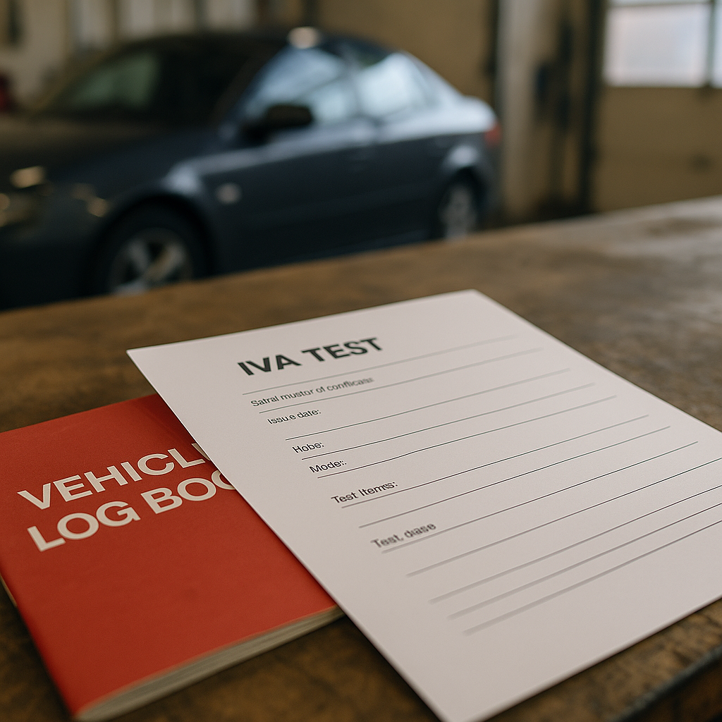 IVA test paperwork for grey import cars UK registration on a mechanic's workbench