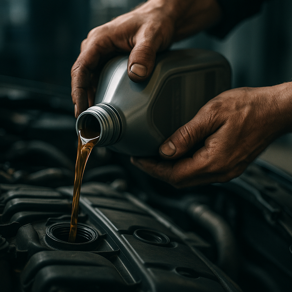 Mechanic pouring synthetic engine oil into a car engine, showing viscosity grade selection relevant to synthetic vs mineral engine oil UK choices
