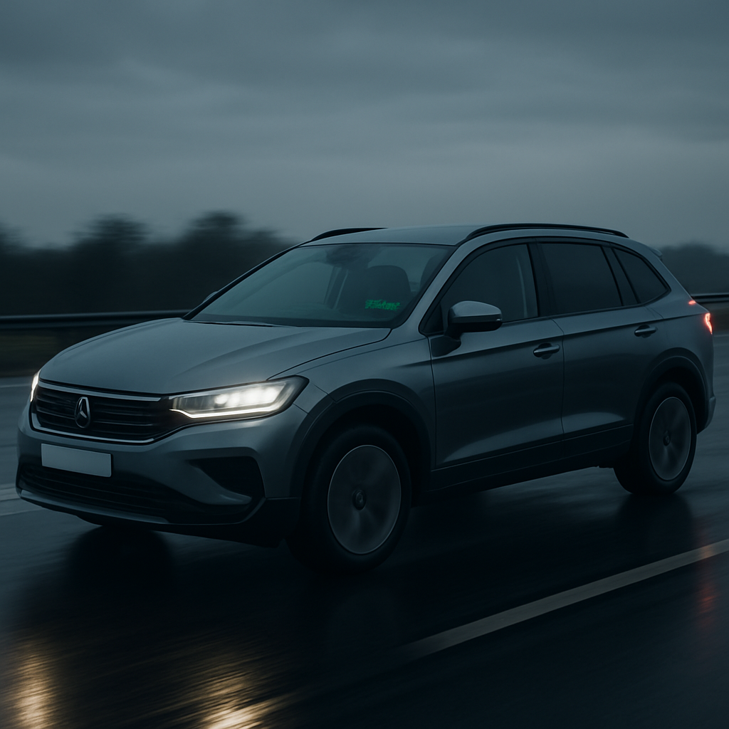 One of the safest cars on UK roads driving on a wet dual carriageway at dusk